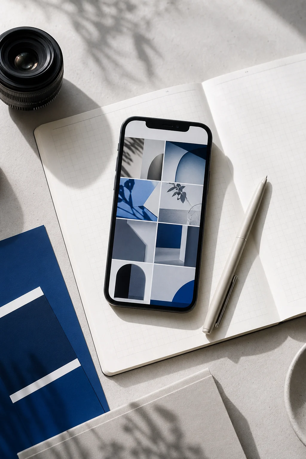 カメラ、スマートフォン、企画ノートを自然光の中に配置したSNS制作イメージ